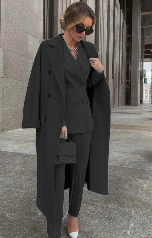 Ensemble Trois Pièces Avec Blazer Croisé Et Manteau Long Pour Femmes | Idéal Pour Tenues Professionnelles Et Occasions Formelles