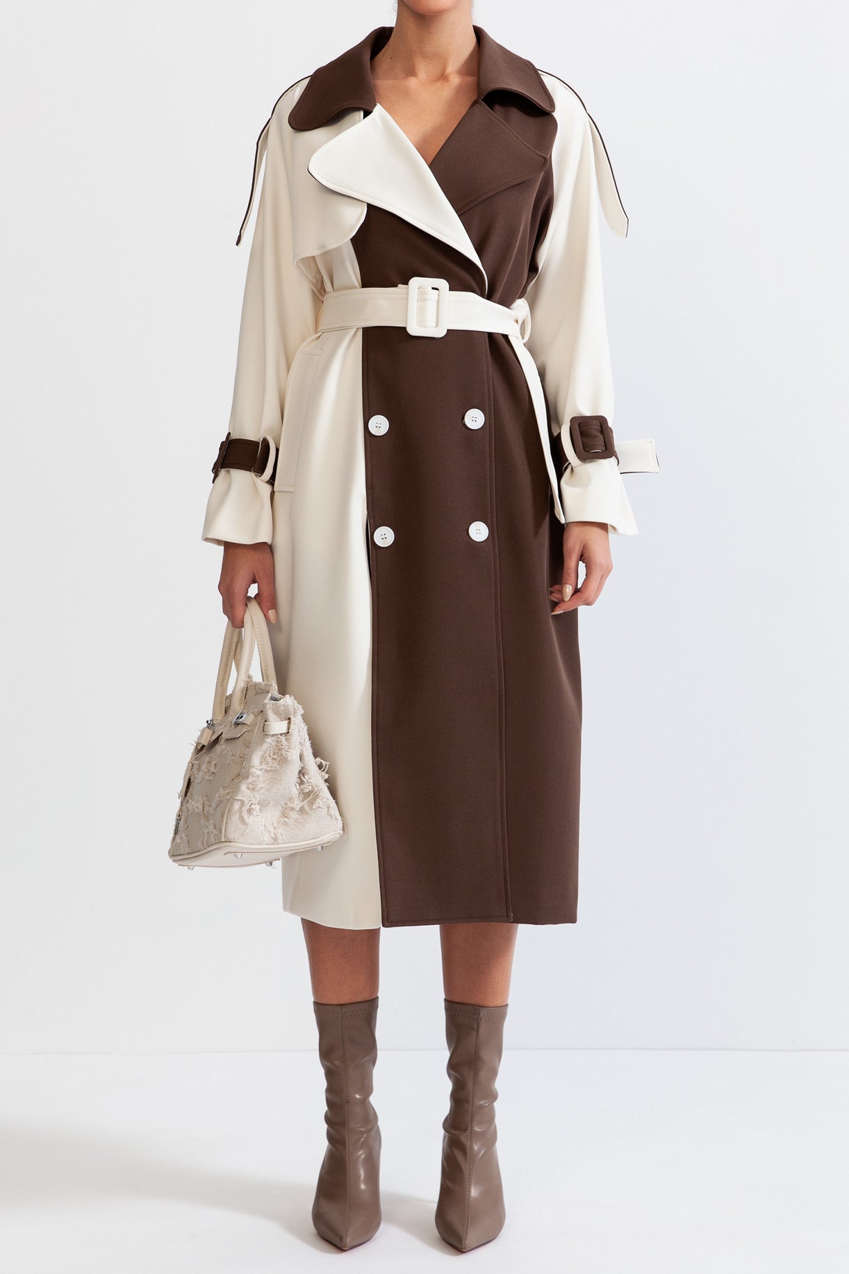 Trench Long Bicolore avec Ceinture pour Femme | Idéal pour La Mi-Saison