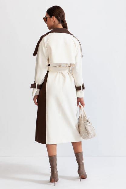 Trench Long Bicolore avec Ceinture pour Femme | Idéal pour La Mi-Saison