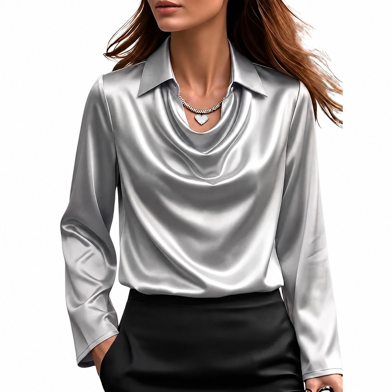 Blouse à col drapé et manches longues pour femmes