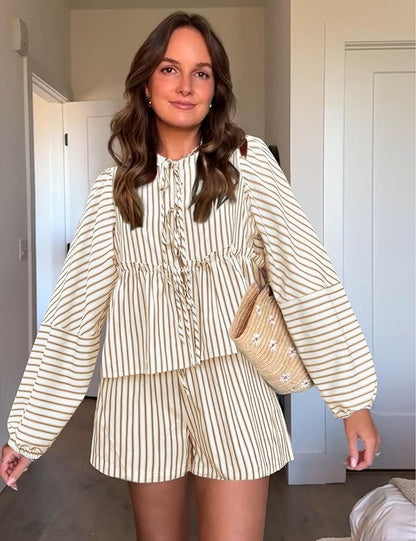 Ensemble Haut à Manches Longues et Short Taille Haute à Rayures pour Femme | Idéal pour l'Été