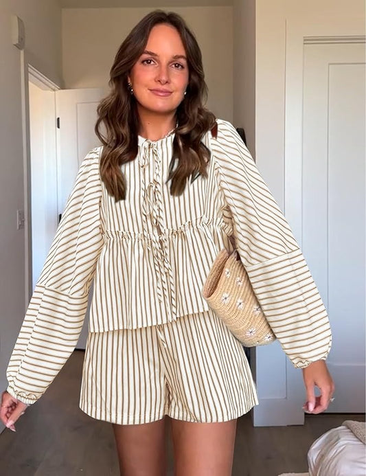 Ensemble Haut à Manches Longues et Short Taille Haute à Rayures pour Femme | Idéal pour l'Été