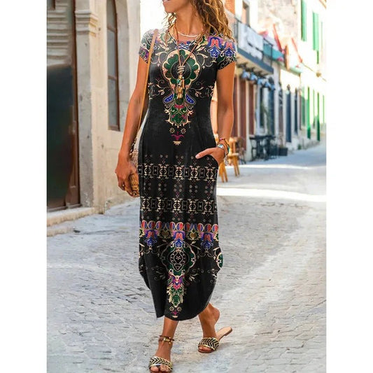 Robe Maxi Noire avec Motifs Traditionnels pour Femme | Idéale pour les Occasions Spéciales