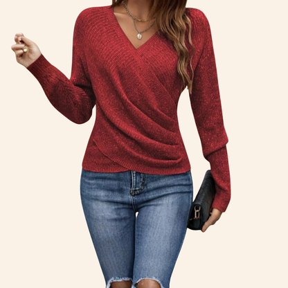 Pull Drapé À Manches Longues Avec Encolure Croisée Pour Femme | Idéal Pour Usage Quotidien