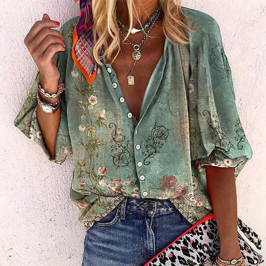 Blouse à Manches Courtes avec Imprimé et Fermeture Boutonnée pour Femme | Idéale pour la Saison Estivale