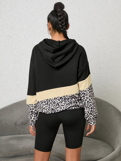 Sweat À Capuche À Imprimé Léopard Et Blocs De Couleur avec Cordon Ajustable pour Adulte | Idéal pour Les Tenues Décontractées