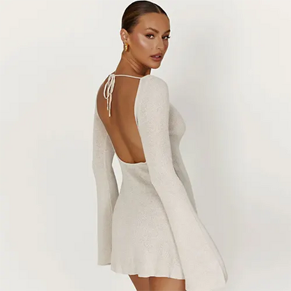 Robe Courte À Manches Évasées avec Dos À Nouer pour Femme | Idéale pour La Saison Automne