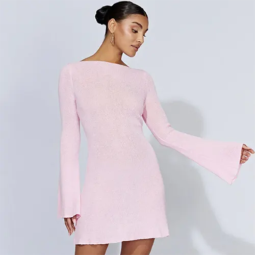 Robe Courte À Manches Évasées avec Dos À Nouer pour Femme | Idéale pour La Saison Automne
