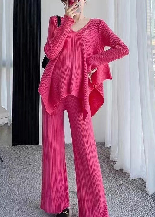 Ensemble Deux Pièces en Maille Côtelée pour Femme avec Pull Oversize Col V et Pantalon Large | Idéal pour l’Automne et l’Hiver