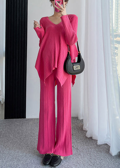 Ensemble Deux Pièces en Maille Côtelée pour Femme avec Pull Oversize Col V et Pantalon Large | Idéal pour l’Automne et l’Hiver