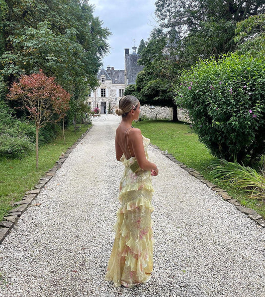 Robe Longue Femme | Volants Fluides & Dos Nu | Élégance Cérémonie