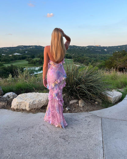 Robe Longue Femme | Volants Fluides & Dos Nu | Élégance Cérémonie