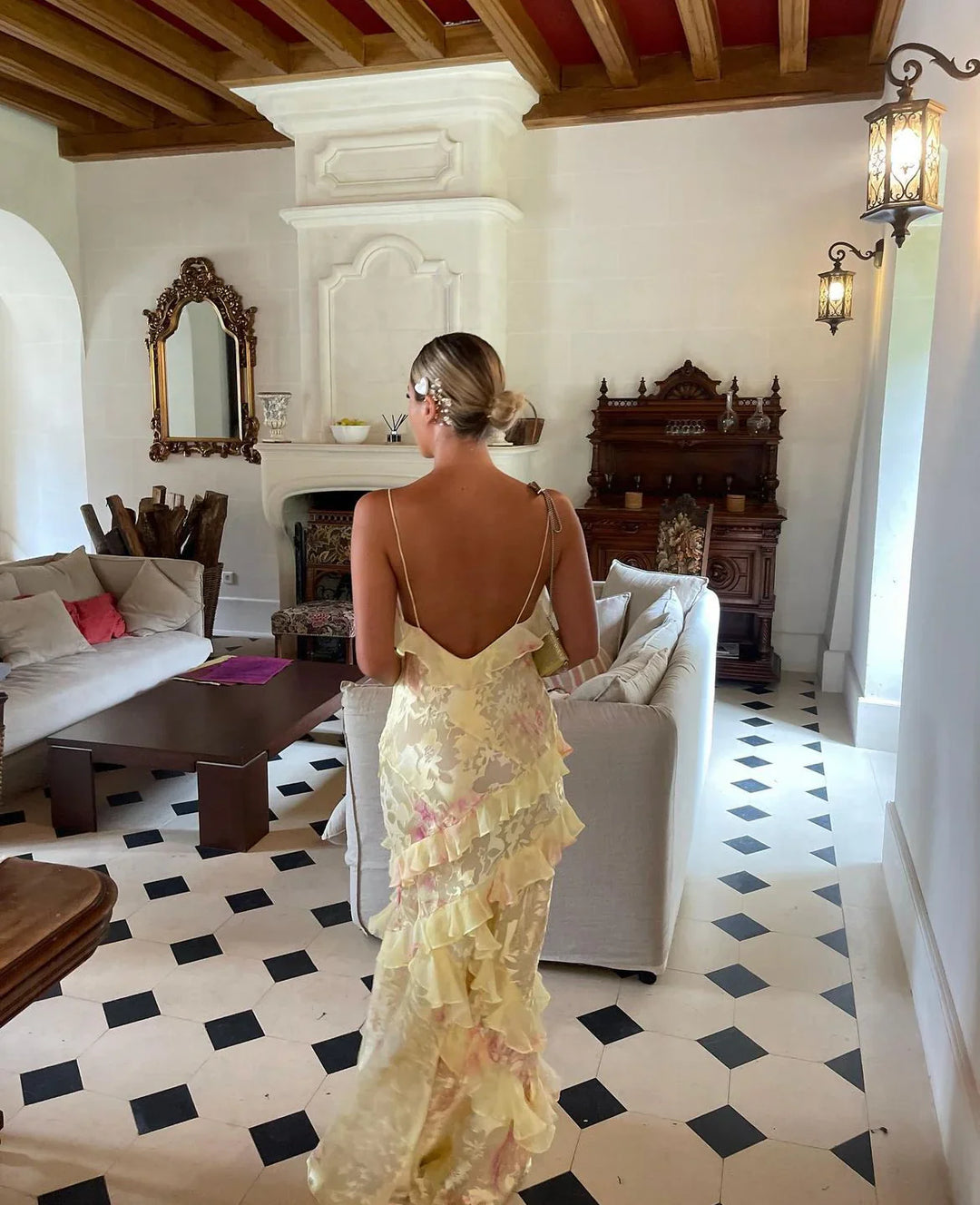Robe Longue Femme | Volants Fluides & Dos Nu | Élégance Cérémonie