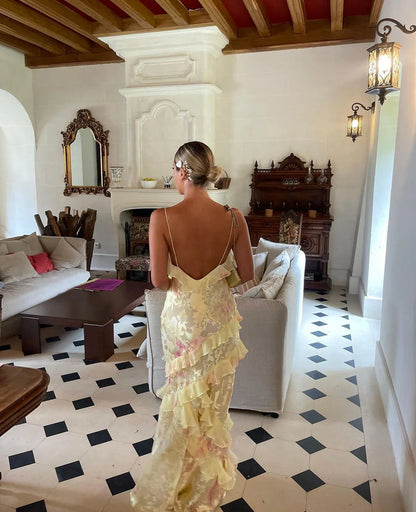 Robe Longue Femme | Volants Fluides & Dos Nu | Élégance Cérémonie