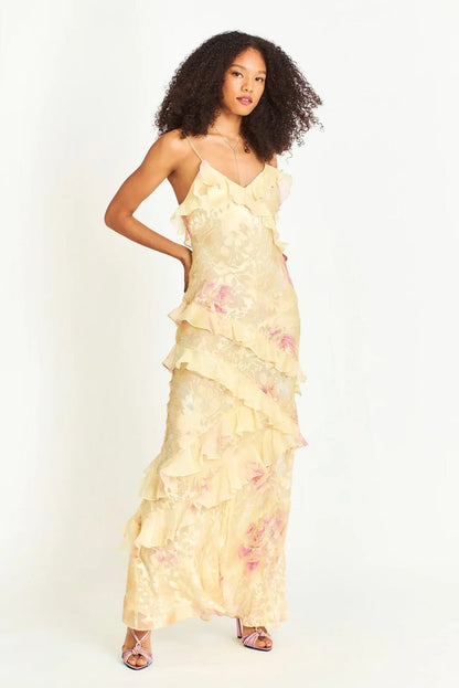 Robe Longue Femme | Volants Fluides & Dos Nu | Élégance Cérémonie