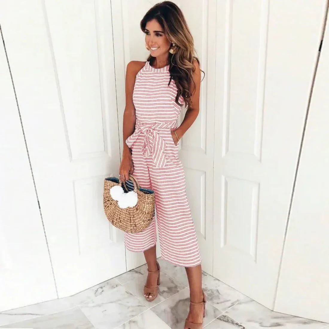 Combinaison Dos Nu À Rayures Avec Ceinture Ajustable Pour Femme | Idéale Pour Diverses Occasions