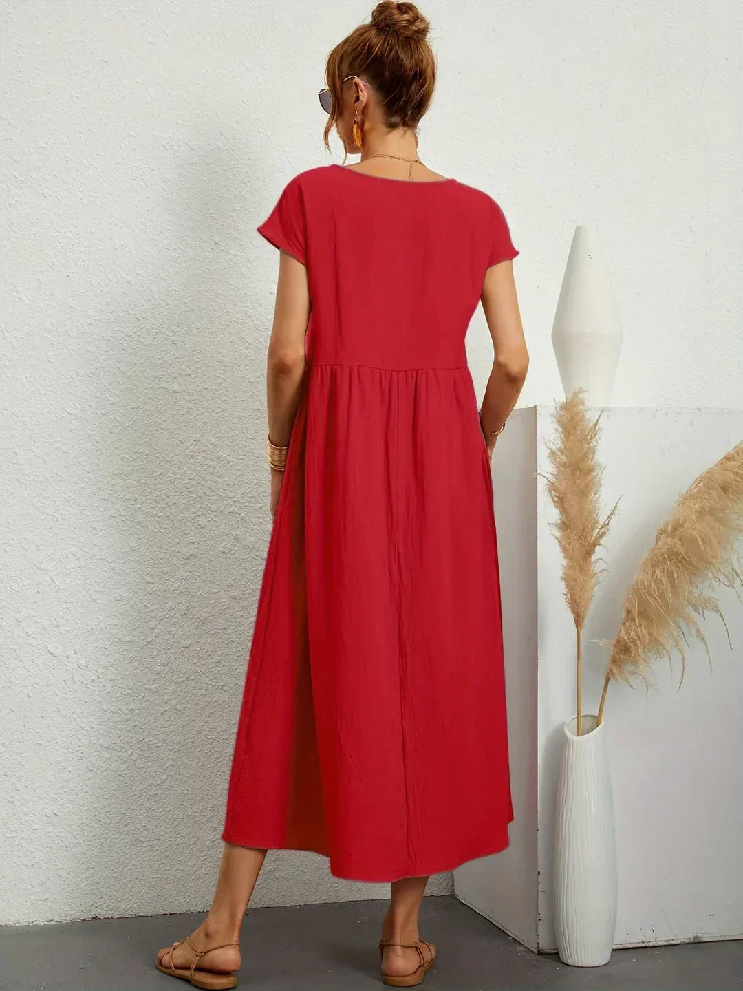 Robe Midi À Coupe Trapèze Avec Manches Courtes Et Poches Pour Femme | Idéal Pour Toutes Les Occasions