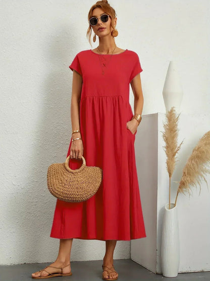 Robe Midi À Coupe Trapèze Avec Manches Courtes Et Poches Pour Femme | Idéal Pour Toutes Les Occasions