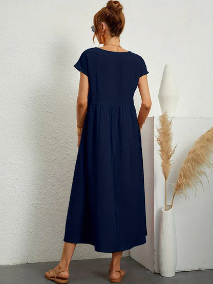 Robe Midi À Coupe Trapèze Avec Manches Courtes Et Poches Pour Femme | Idéal Pour Toutes Les Occasions