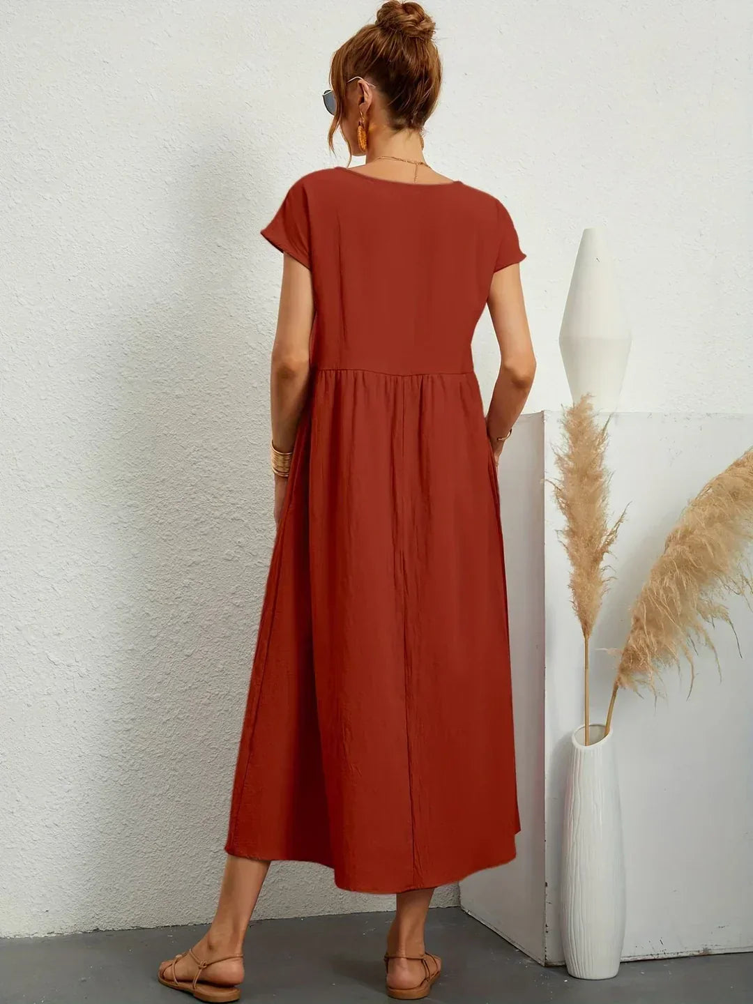 Robe Midi À Coupe Trapèze Avec Manches Courtes Et Poches Pour Femme | Idéal Pour Toutes Les Occasions