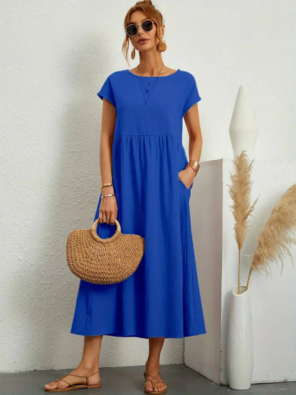 Robe Midi À Coupe Trapèze Avec Manches Courtes Et Poches Pour Femme | Idéal Pour Toutes Les Occasions