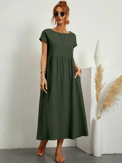 Robe Midi À Coupe Trapèze Avec Manches Courtes Et Poches Pour Femme | Idéal Pour Toutes Les Occasions