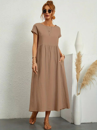 Robe Midi À Coupe Trapèze Avec Manches Courtes Et Poches Pour Femme | Idéal Pour Toutes Les Occasions