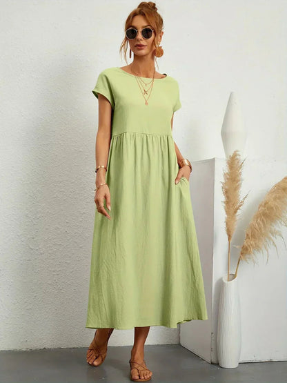 Robe Midi À Coupe Trapèze Avec Manches Courtes Et Poches Pour Femme | Idéal Pour Toutes Les Occasions