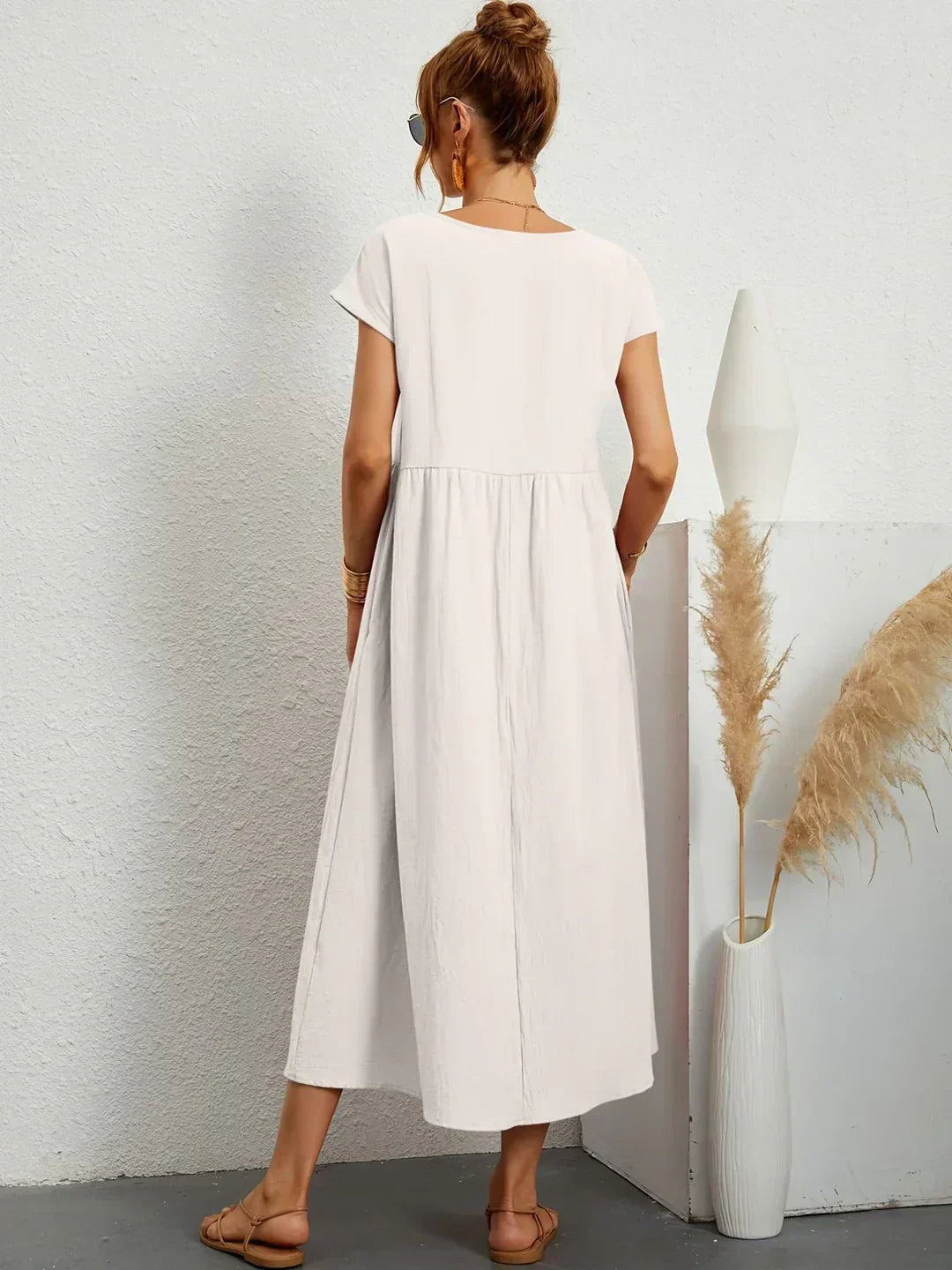 Robe Midi À Coupe Trapèze Avec Manches Courtes Et Poches Pour Femme | Idéal Pour Toutes Les Occasions