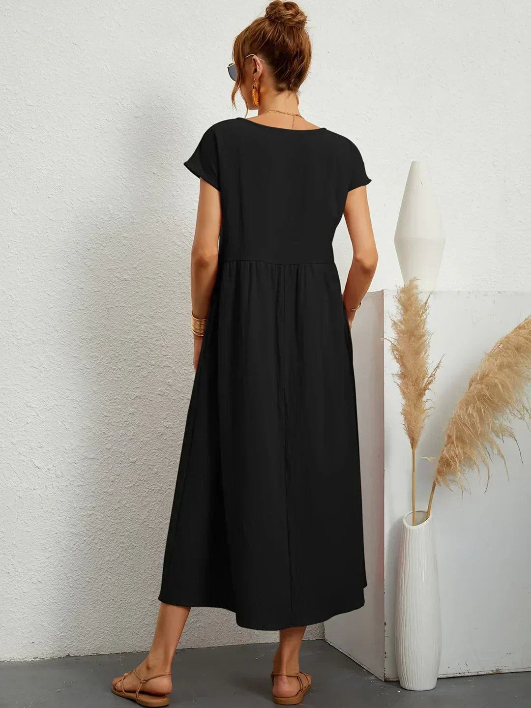 Robe Midi À Coupe Trapèze Avec Manches Courtes Et Poches Pour Femme | Idéal Pour Toutes Les Occasions