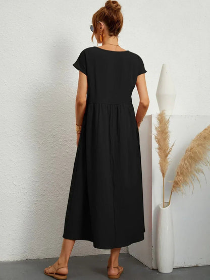 Robe Midi À Coupe Trapèze Avec Manches Courtes Et Poches Pour Femme | Idéal Pour Toutes Les Occasions