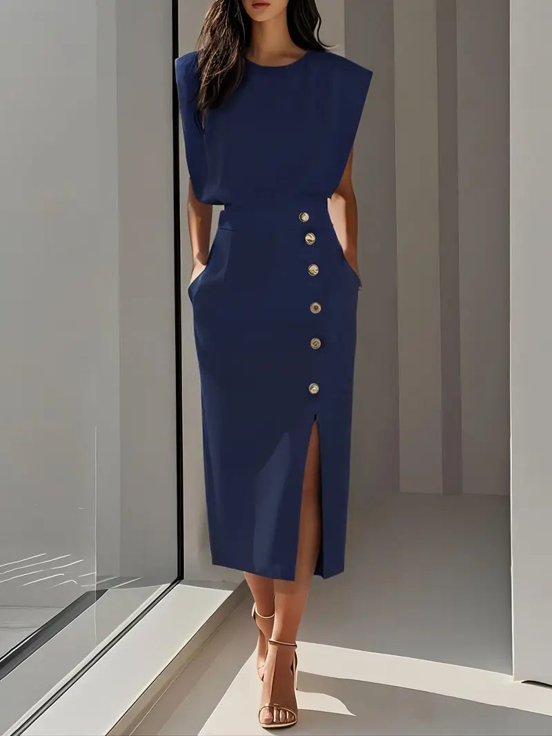 Robe Midi À Fente Latérale Et Boutons Pour Femme | Idéal Pour Usage Quotidien Et Occasions