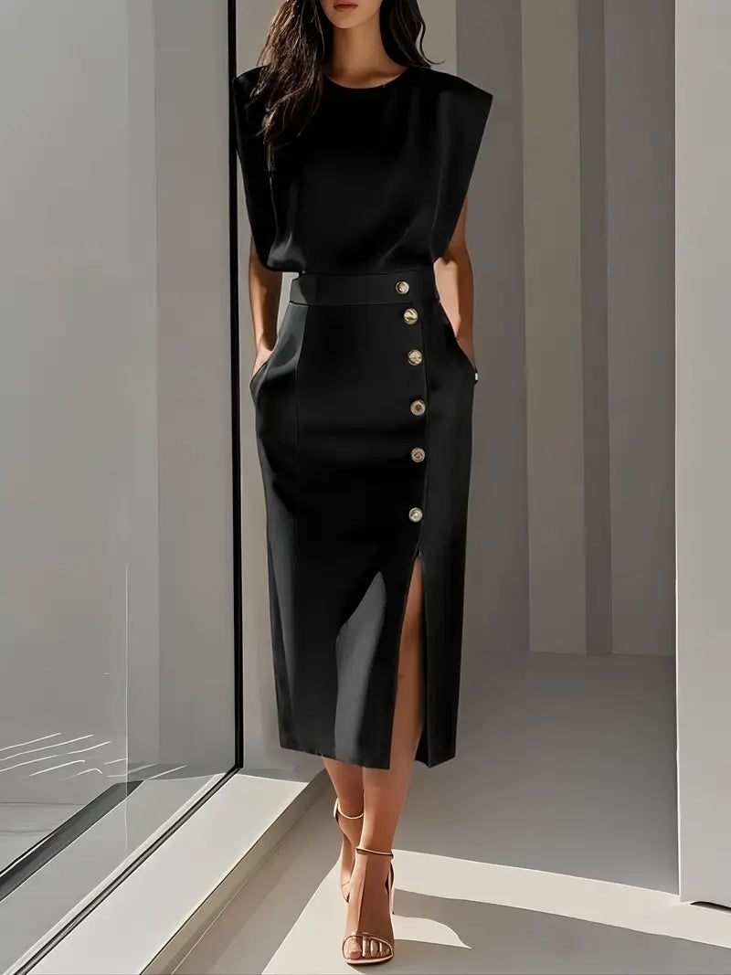 Robe Midi À Fente Latérale Et Boutons Pour Femme | Idéal Pour Usage Quotidien Et Occasions