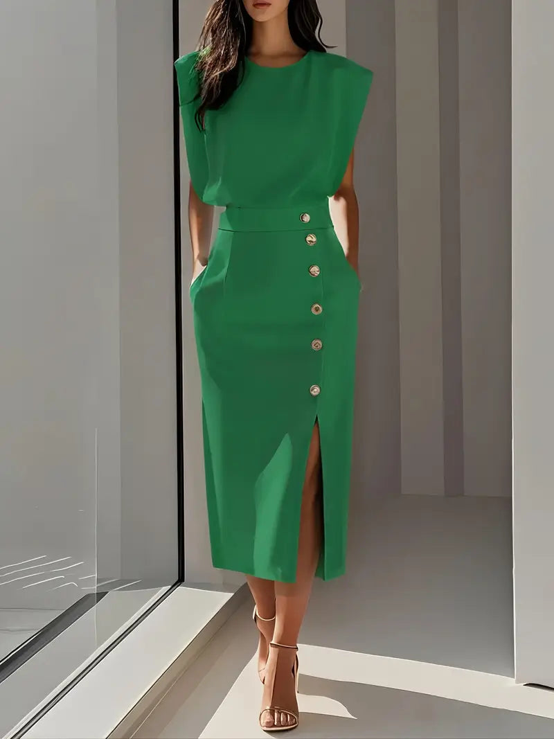 Robe Midi À Fente Latérale Et Boutons Pour Femme | Idéal Pour Usage Quotidien Et Occasions