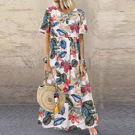 Robe Longue à Imprimé Fleuri avec Manches Courtes pour Femme | Idéale pour les Événements d’Été
