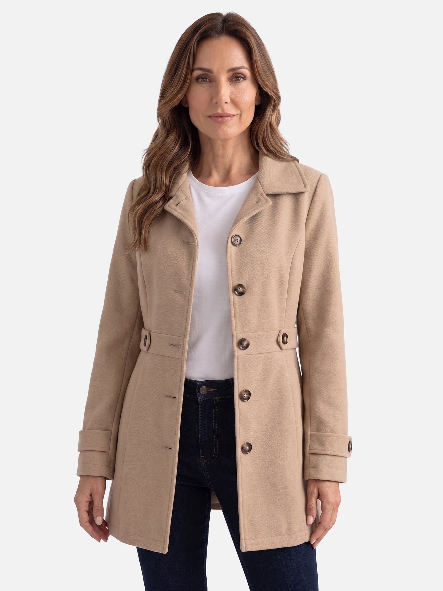 Manteau boutonné avec col chemise et ceinture pour femmes | Idéal pour l’automne