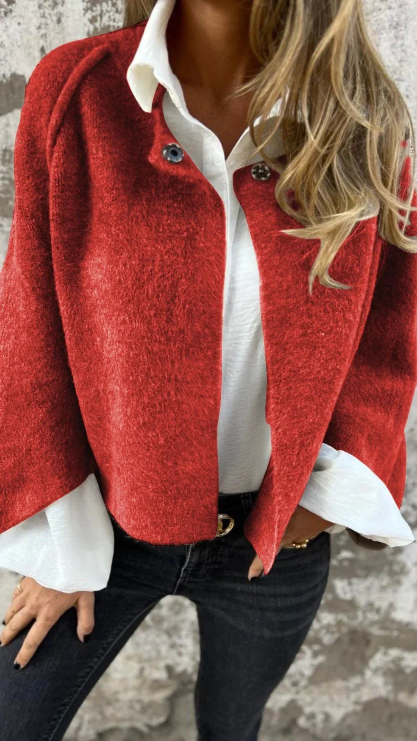 Cardigan court à manches longues avec bouton au col pour femme | Idéal pour l'automne