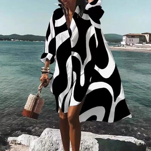 Robe Longue à Imprimé Abstrait avec Manches Longues pour Femme | Idéale pour Toute l’Année