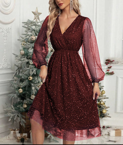 Robe Midi à Paillettes avec Manches Bouffantes Transparentes pour Femme | Idéale pour Soirées et Cérémonies