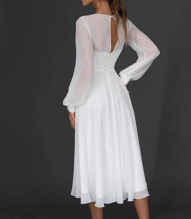 Robe Midi Blanche Avec Manches Longues Transparentes Et Décolleté En Cœur Pour Femmes | Adaptée Aux Tenues Formelles