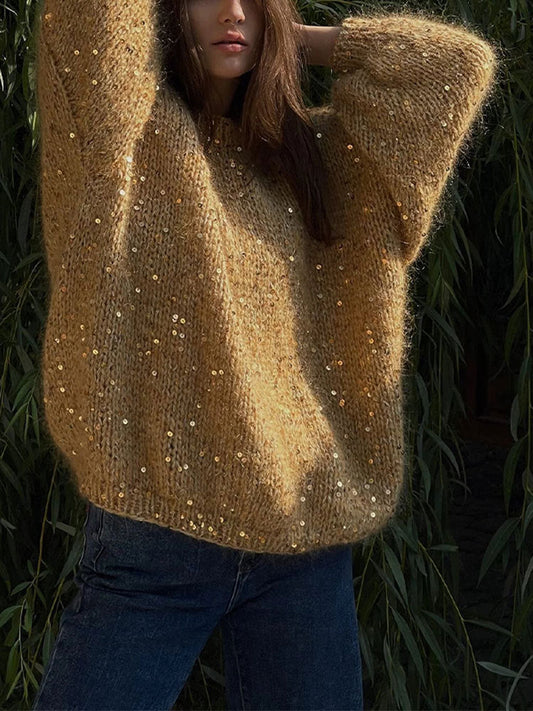Pull À Col Rond Avec Paillettes Et Manches Lanterne Pour Femme | Idéal Pour Saison Froide
