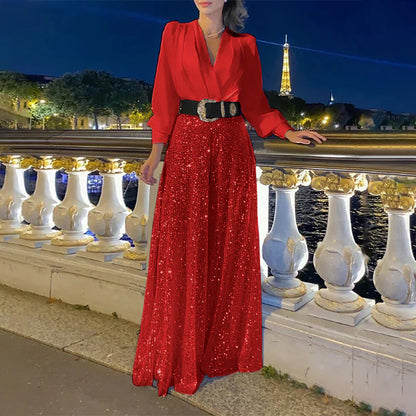Ensemble avec Haut à Col en V et Pantalon Large pour Femme | Idéal pour la Maison ou les Sorties