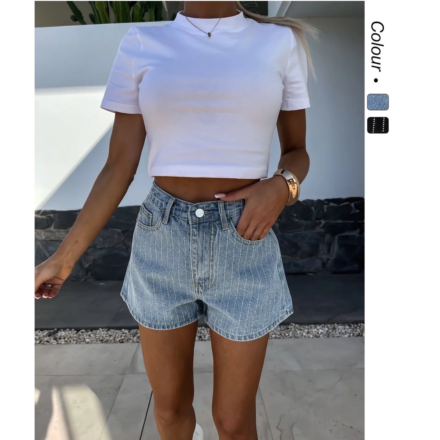 Short Taille Haute À Rayures Avec Coupe Droite Pour Femmes | Idéal Pour Saison Chaude