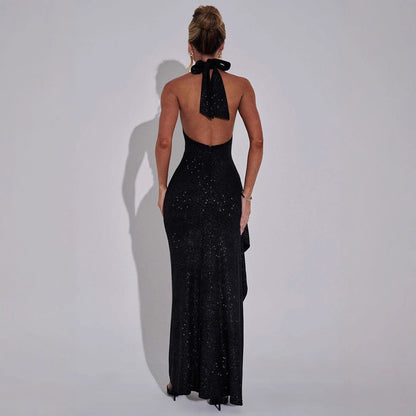 Robe de Soirée à Encolure Halter et Dos Ouvert avec Fente Latérale pour Femme | Idéale pour les Événements Formels et Festifs