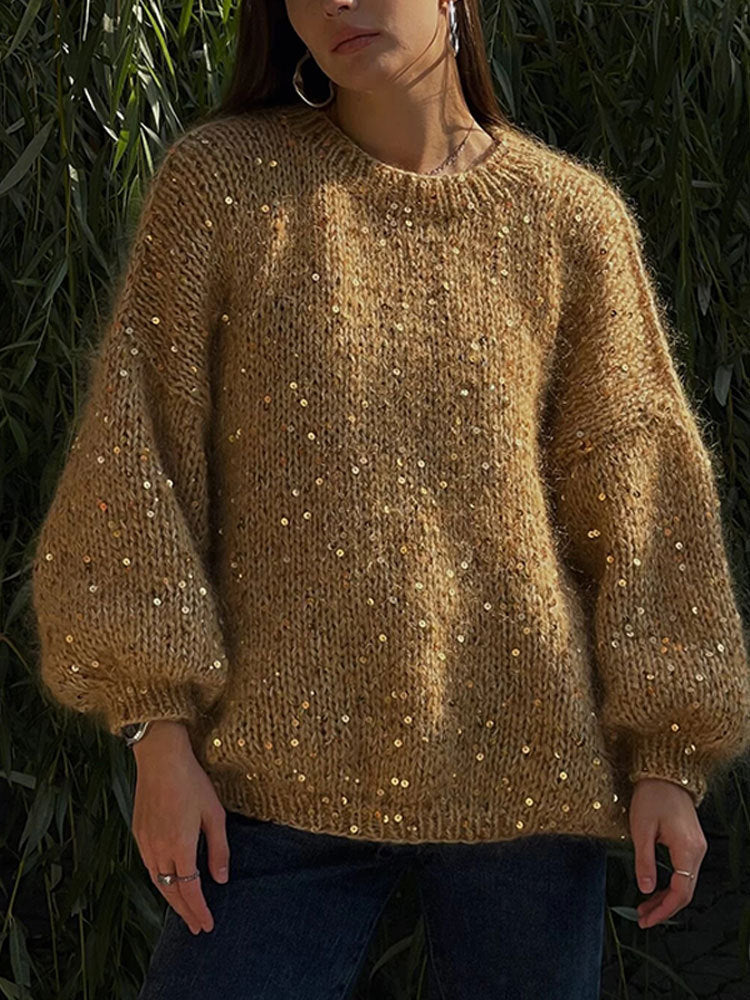 Pull À Col Rond Avec Paillettes Et Manches Lanterne Pour Femme | Idéal Pour Saison Froide