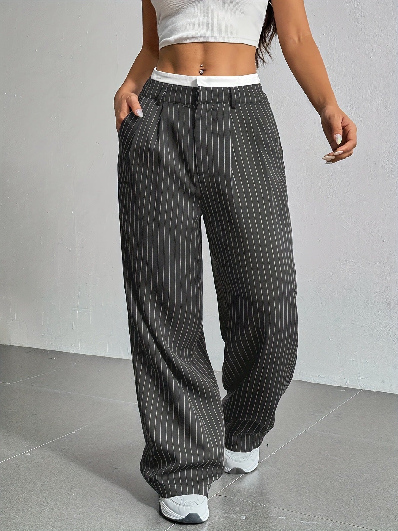 Pantalon Large À Rayures Verticales Avec Taille Élastiquée Pour Femme | Idéal Pour Tenues Quotidiennes