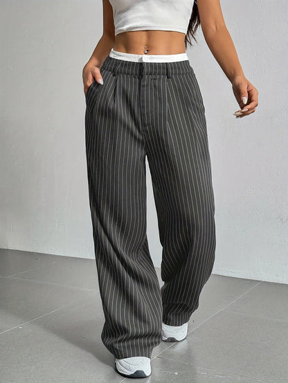 Pantalon Large À Rayures Verticales Avec Taille Élastiquée Pour Femme | Idéal Pour Tenues Quotidiennes
