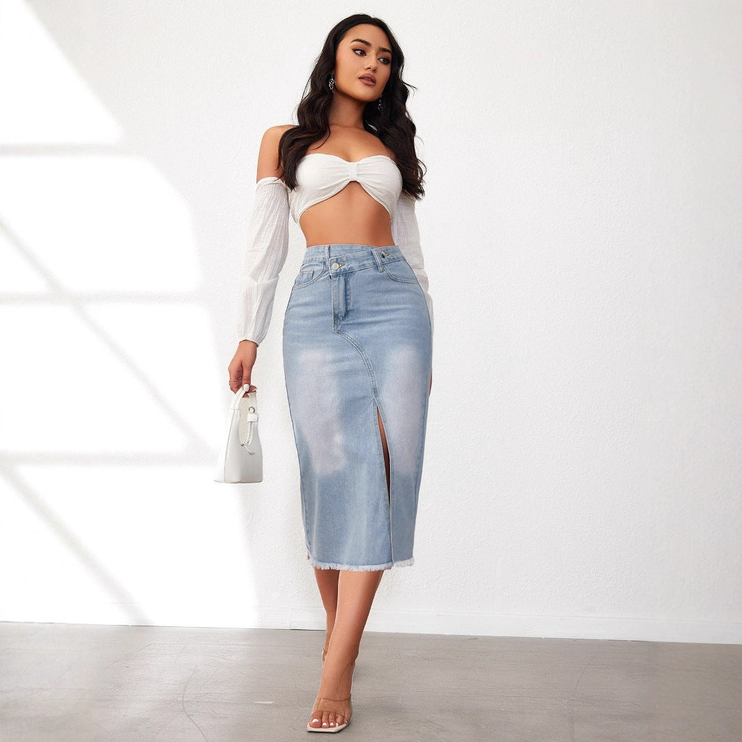 Jupe Midi En Denim Avec Fente Haute Et Ourlet Effiloché Pour Femme | Idéale Pour Le Quotidien Et Les Sorties Planifiées