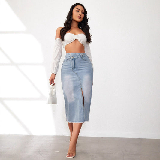 Jupe Midi En Denim Avec Fente Haute Et Ourlet Effiloché Pour Femme | Idéale Pour Le Quotidien Et Les Sorties Planifiées