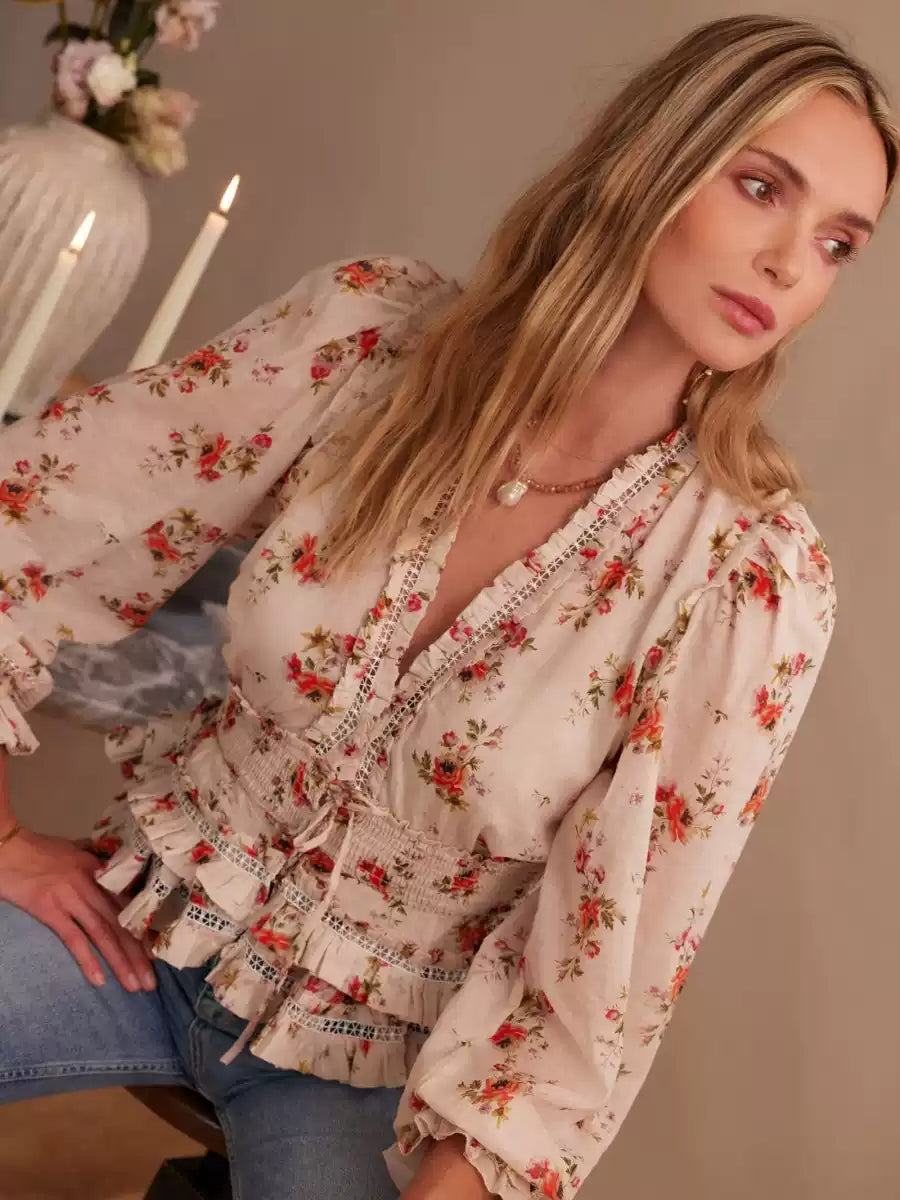 Blouse Fleurie Avec Col En V, Volants Et Taille Ajustable Pour Femme | Idéale Pour Les Tenues Quotidiennes Et Les Occasions